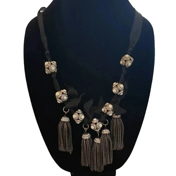 Like new black ribbon pearl and tassel necklace - Picture 1 of 5